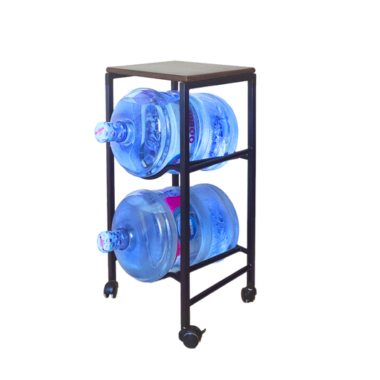 2-Tier Water Jug Rack With Wood Shelf, Wheels & Brakes