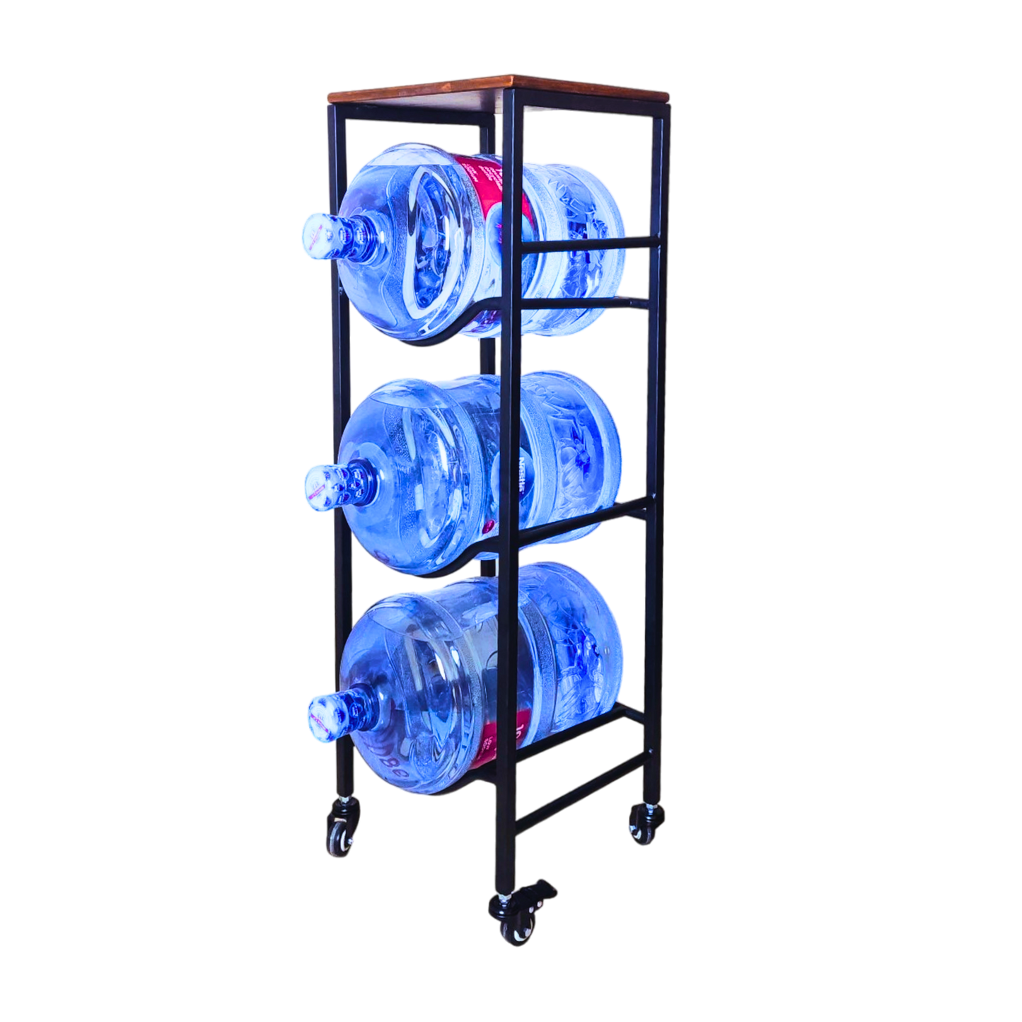 3-Tier Water Jug Rack With Wood Shelf, Wheels & Brakes